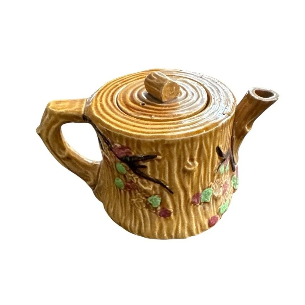 Vintage Majolica‎ Style Tree Bark Design Tea Pot Branches Leaves Blossoms Japan